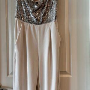 Express Cream & Silver Sequin Strapless Wide Leg Jumpsuit - Size 10